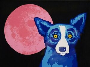 C02345★ジョージ ロドリーゲ ブルードッグ シルクスクリーン / タイトル不明 George Rodrigue LITTLE BLUE DOG 月 版画 額装 75限定 真作