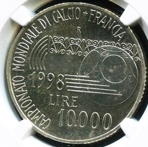 イタリア１００００リラ銀貨（1998：WORLD SOCCER FRANCE）PCGS UNC Details Obv Scratched / KM：192 / 重量：22.0 グラム / 純度：83.5%_画像2