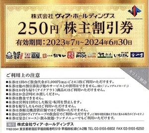 ヴィアホールディングス　株主優待券　250円割引券　20枚set（5000円分）　～5組迄　2024年6月末迄有効　魚や一丁・紅とん・扇屋・ぼちおち