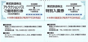 東武鉄道　株主優待券　東武動物公園　入園券＋アトラクションパス割引券　1set（単位）~9組迄　2024年6月末迄有効