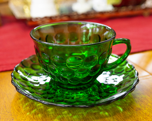 ミント！ ファイヤーキング フォレストグリーン バブル カップ $ ソーサー ガラス コーヒー ティー 紅茶 ハーブ ビンテージ アンティーク