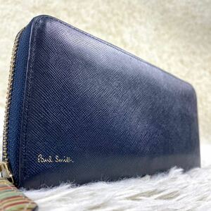 1円～ 美品 ポール スミス Paul Smith マルチストライプ 長財布 ラウンド ジップストローグレイン メンズ 紺色 ネイビー 金ロゴ