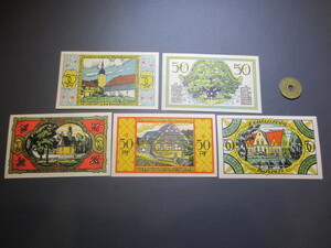 未使用　ドイツ地方紙幣　ツォイレンローダ市　1921年　絵入コレクター用　50ペニヒ5枚