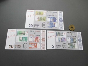 未使用　ドイツ　ユーロ紙幣紹介用3枚　2000年　20ユーロ/50マルク～5ユーロ/10マルク