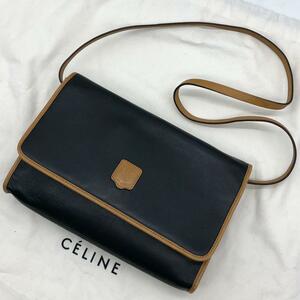 1円【極美品】CELINE セリーヌ トリオンフ ロゴエンボス バイカラー オールレザー ショルダーバッグ 斜めがけ 黒 ブラック フラップ 金具