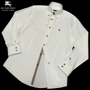 バーバリーブラックレーベル■前立てノバストライプ ホース刺繍 ストレッチ性 3(L) 白 長袖BDシャツ BURBERRY BLACK LABEL■