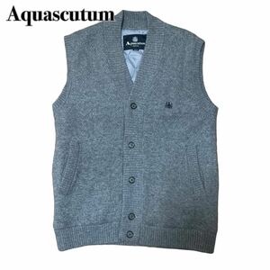 Aquascutum アクアスキュータム ニットベスト ウール グレー M ワンポイント刺繍 