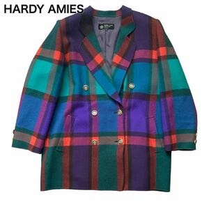 HARDY AMIES ハーディエイ ダブルジャケット コート ウール チェック 43 XL 大きいサイズ 金ボタン