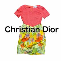 【1円スタート】Christian Dior クリスチャンディオール 花柄切り替えワンピース 半袖 オレンジ 11号 L_画像1