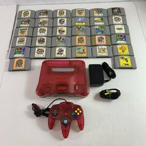 (23758) ■ Nintendo 64 本体 クリアレッド+ソフト32本 セット　マリオパーティ/大乱闘スマッシュブラザーズ/スーパーマリオ他 中古品