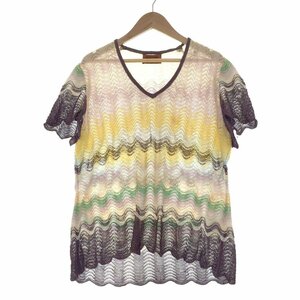 ★MISSONI ミッソーニ 半袖 マルチカラー フリルニット レディース48 波線 パープル イエロー マルチボーダー Vネック 126436 1BB/90327