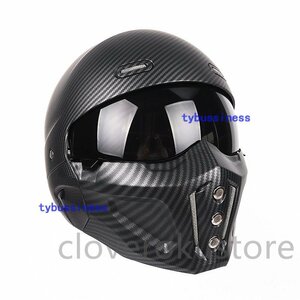 人気フルフェイス ハーフヘルメット 多機能ヘルメット艶消し黒炭素繊維 柄バイクヘルメット 組立式顎部分着脱できるS M L XL サイズ 選択