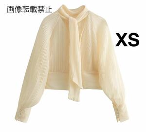 vintage ヴィンテージ レトロ プリーツ ボウタイ ブラウス トップス XSサイズ レディース★ZARA 好きな方に★2024 早春新作 新品未使用★