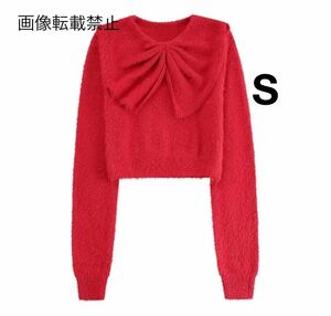 red レッド vintage ヴィンテージ レトロ リボン ニット セーター トップス Sサイズ レディース★ZARA 好きな方に★2024 新作 新品未使用★