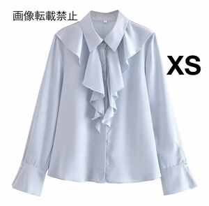 blue vintage ヴィンテージ レトロ フリル シャツ ブラウス トップス XSサイズ レディース★ZARA 好きな方に★2024 早春新作 新品未使用★