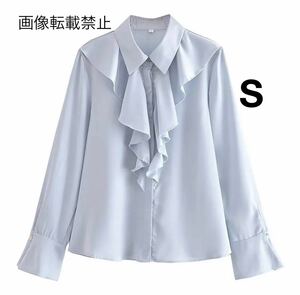 blue vintage ヴィンテージ レトロ フリル シャツ ブラウス トップス Sサイズ レディース★ZARA 好きな方に★2024 早春新作 新品未使用★