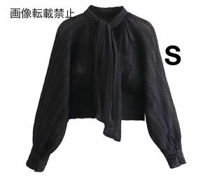 black vintage ヴィンテージ レトロ プリーツ ボウタイ ブラウス トップス Sサイズ レディース★ZARA 好きな方に★2024 早春新作 新品★