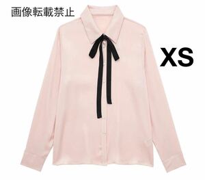 pink vintage ヴィンテージ レトロ サテン ボウタイ シャツ ブラウス トップス XSサイズ レディース★ZARA 好きな方に★2024 早春新作 新品