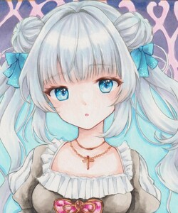 オリジナル手描きイラスト 　女の子　白髪　ワンピース　リボン　ゴスロリ　フリル　青目