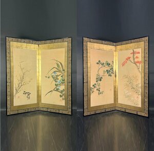 【屏風屋】45t　酒井抱一 筆 四季花卉図 二枚折 屏風 一双 高さ 約174cm 紙本肉筆 琳派 花鳥図 日本画
