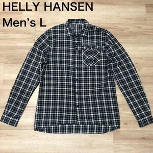 【送料無料】HELLY HANSEN長袖シャツ　黒白グレーチェック柄　メンズLサイズ　ヘリーハンセンアウトドア登山