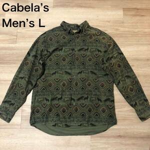 【送料無料】やや使用感ありCabela’s 長袖シャツ　緑系ネイティブ柄　メンズLサイズ　カベラスアウトドアオルテガ柄総柄