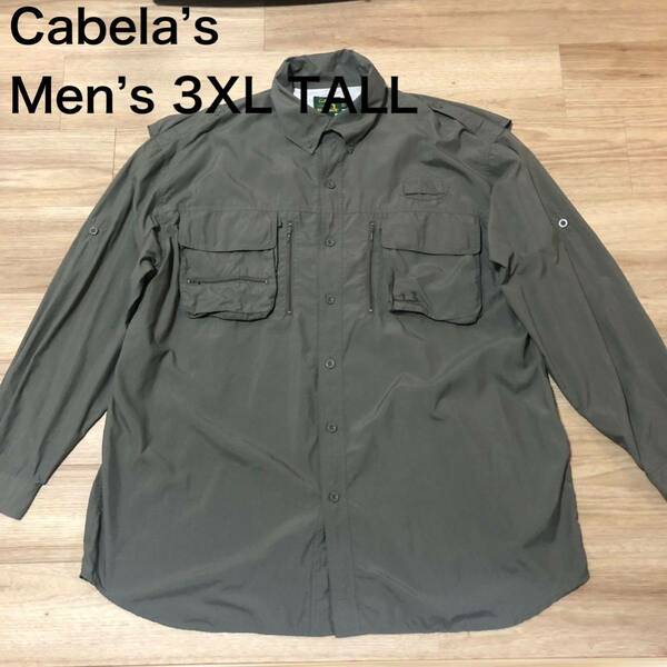 【送料無料】Cabela’s 長袖シャツオリーブ　メンズ3XLサイズ　カベラスフィッシングシャツアウトドアナイロンシャツ大きいビッグサイズ