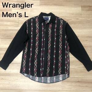 【送料無料】Wrangler 長袖シャツ　黒×柄ストライプ柄　メンズLサイズ　ラングラー