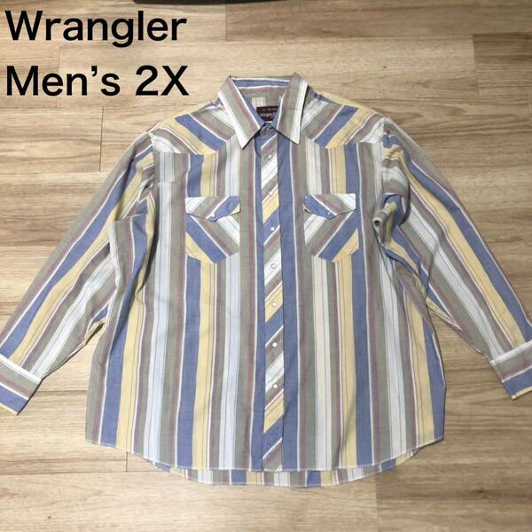 【送料無料】Wrangler 長袖シャツ　パステルカラーストライプ柄　メンズ2Xサイズ　ラングラーウエスタンシャツ