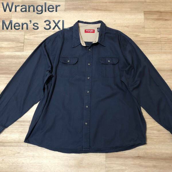 【送料無料】Wrangler 長袖ワークシャツ　ネイビー　メンズ3XLサイズ　ラングラー長袖シャツ大きいビッグサイズ