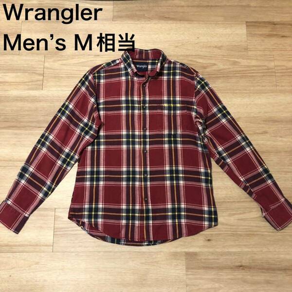 【送料無料】Wrangler 長袖シャツ 赤ネイビー黄白チェック柄　メンズMサイズ相当　ラングラーネルシャツ