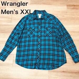 【送料無料】Wrangler 長袖シャツ　水色黒チェック柄　メンズXXLサイズ　ラングラーネルシャツウエスタンシャツ大きいビッグサイズ