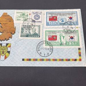1953年 韓国カバー 朝鮮戦争国連軍 カナダ切手2種他貼 ベルギー軍贈呈用封筒使用 ブリュッセル着印 エンタイア