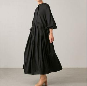 スカート部分のギャザーがかわいい！！☆新品☆大きいサイズ☆ゆったりお袖ぷっくりコットン風ロング丈ワンピ黒！！