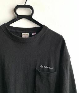 【美品】Goodwear カットソー 長袖 メンズ L ブラック 黒 ロゴ入 ポケット付 U.S.A.コットン Tシャツ ロンT グッドウェア