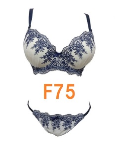 F75/Ｌ・ネイビー　チュール刺繍 ブラジャー＆ショーツ（パッドつき）　グラマーカップ　補正下着　大きいサイズ　新品