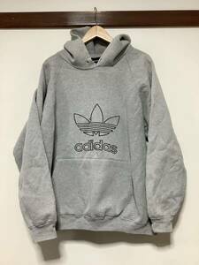 り1291 USA製 adidas アディダス 90's ビンテージ ロゴ刺繍 スウェットパーカー M グレー HOODIE フーディー ストリート プルオーバー 