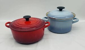 【い-1-24】未使用 LE CREUSET ホーロー 両手鍋 2点 セット フランス製 ルクルーゼ ココット 鋳物 箱無し 中古品