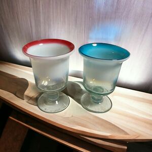 大正ガラス 和ガラス 乳白 青色 赤色 氷カップ ウランガラス アイスクリームコップ