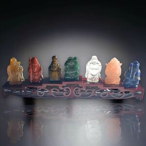 七福神 縁起物 彫刻 唐木台 天然石 水晶 虎目石 瑪瑙　紅水晶 翡翠 瑠璃 琥珀