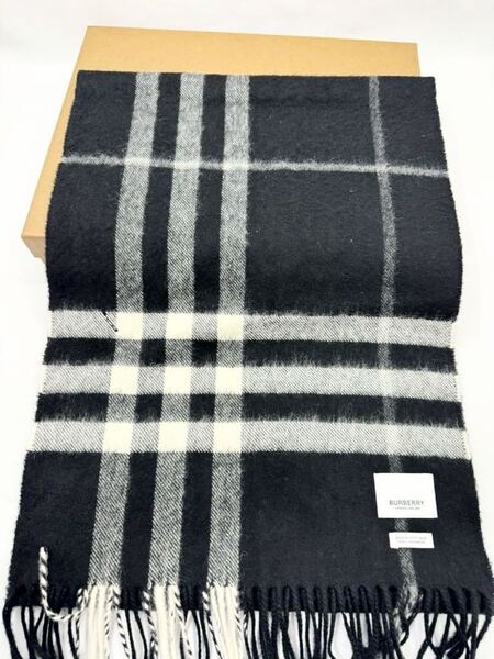 極美品 現行ロゴ バーバリー ロンドン マフラー ブラック チェック カシミヤ100% メンズ レディース BURBERRY ウール カシミア