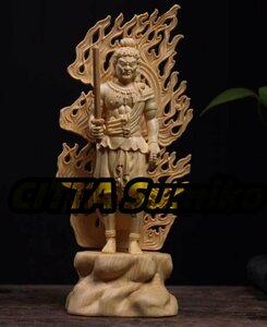 極上品◆木彫 仏像★精密彫刻 不動明王立像　檜木 高28cm