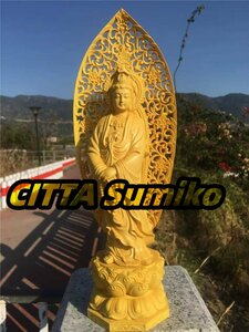 新入荷★仏教美術 精密彫刻 仏像 手彫り 木彫仏像 黄楊木 観音立像★高さ約27cm