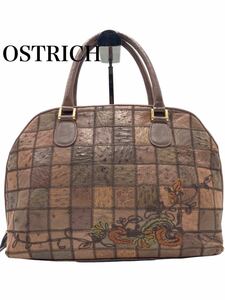 ●極美品●超希少●OSTRICH●オーストリッチ●ブランド●ブラウン●ハンドバッグ●レザー●本革●パッチワーク●リザード●お洒落●GA027