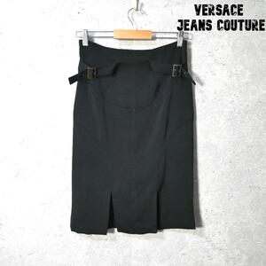 美品 Versace Jeans Couture ヴェルサーチジーンズクチュール サイズ24/38 タイトスカート サイドベルト スリット 膝丈 ミディ丈 ブラック