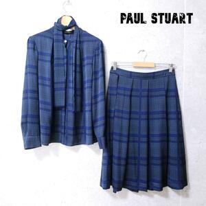  beautiful goods Paul Stuart paul (pole) Stuart size 8 blue group setup top and bottom total pattern bow Thai long sleeve shirt long tuck flair skirt 
