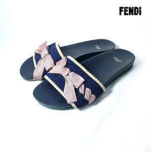 美品 FENDI フェンディ 39 約26㎝ オープントゥ フラット サンダル ビーチサンダル ファブリック×ラバー リボン マルチカラー