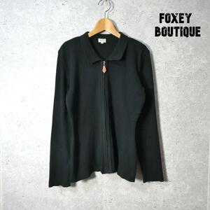 美品 FOXEY BOUTIQUE フォクシーブティック サイズ42 ジップアップ リブニット ジャケット カーディガン レギュラーカラー 黒 ブラック