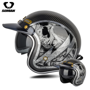 新品 カーボンファイバー 内蔵サングラス バイクヘルメット 炭素 繊維 ジェットヘルメット ライダー ビンテージ ★サイズ：L