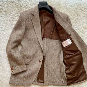 ハリスツイード【紳士のこなれ感】HARRIS TWEED テーラードジャケット ヘリンボーン くるみボタン Lサイズ相当 ブラウン系 メンズ 